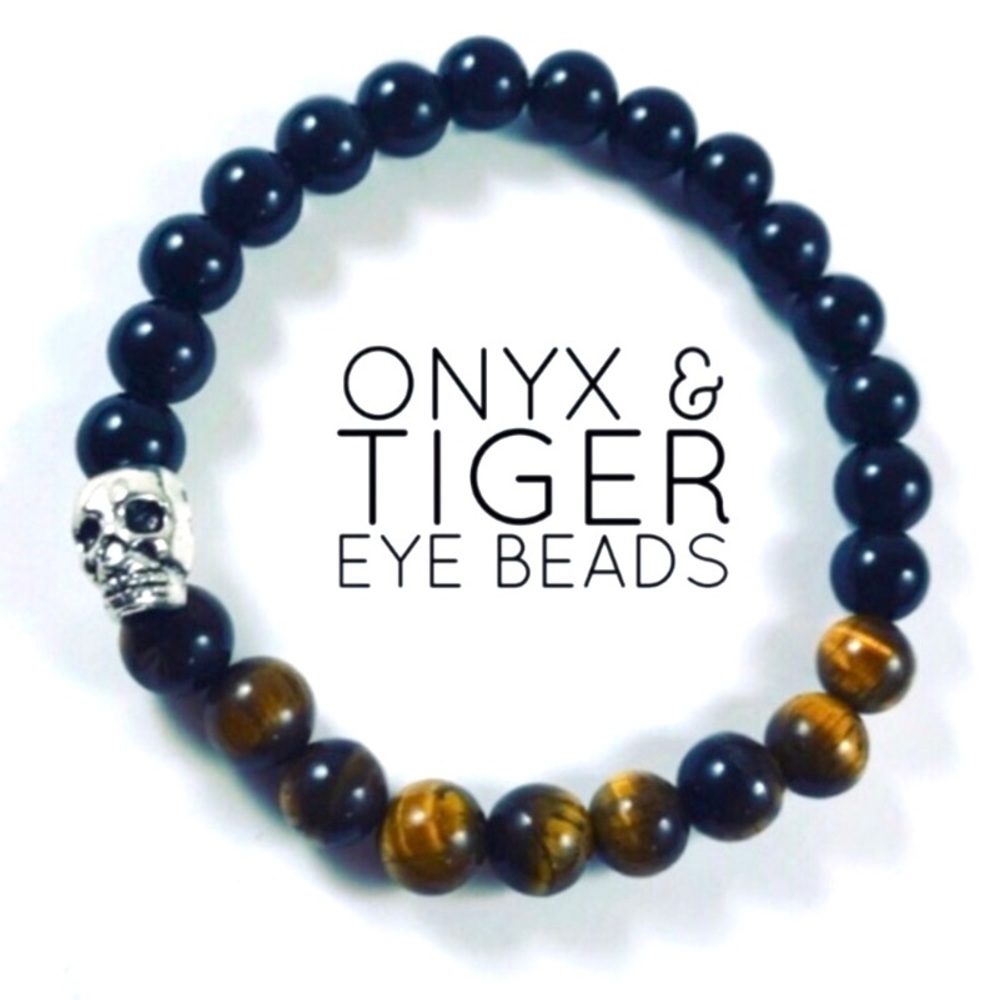Men or women tiger eye & onyx gems skull bracelet - Picture 1 of 7